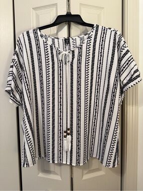 SHEIN Curve- Stripe Tie-Neck Women’s Blouse - Black & White